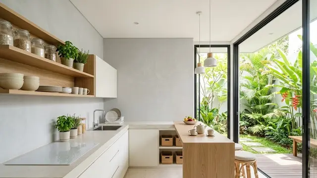 Dapur Semi Terbuka Minimalis dengan Dominasi Warna Cerah