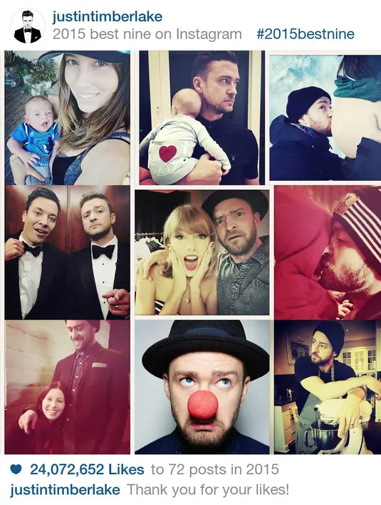 Sembilan foto terbaik Justin Timberlake di akun instagramnya sepanjang tahun 2015. Terlihat momen bahagia bersama  istri dan anaknya, Jessica Biel dan si kecil Silas Randall Timberlake. (via 2015bestnine.com)