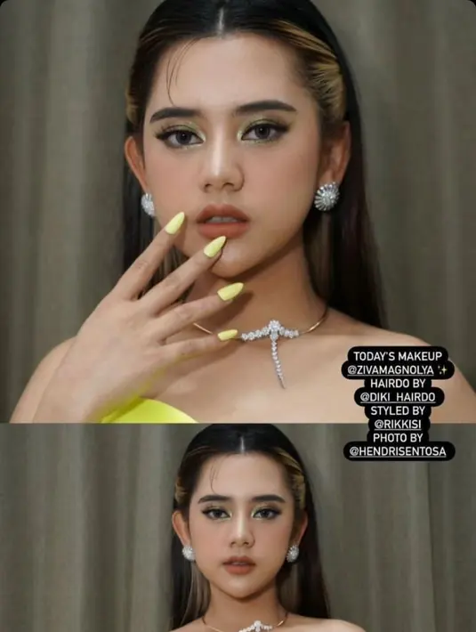 Ziva Magnolya mengenakan dress tube warna hijau neon yang diserasikan dengan cat kuku. [@ochiipramita]