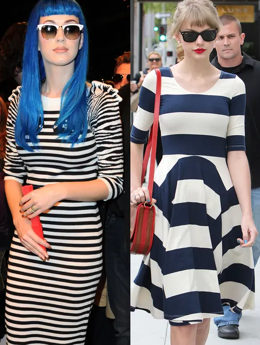 Bahkan Taylor Swift dan Katy Perry terlihat matching dengan model stripped dress dan kacamata hitam. (REX/Shutterstock/HollywoodLife)