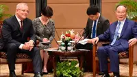 PM Scott Morrison menggelar pertemuan bilateral dengan Wapres China Wang Qishan di sela-sela pelantikan Presiden RI Joko Widodo di Jakarta, Minggu (20/10/2019) (Kedubes Australia)