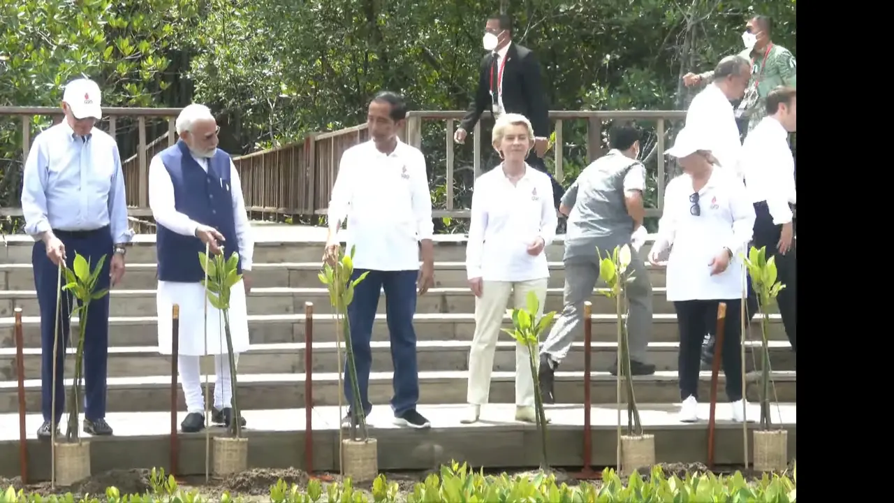 Presiden Joko Widodo (Jokowi) bersama Delegasi Konferensi Tingkat Tinggi G20 (KTT G20) mengunjungi Taman Hutan Raya Mangrove Ngurah Rai Bali, Rabu (16/11/2022).