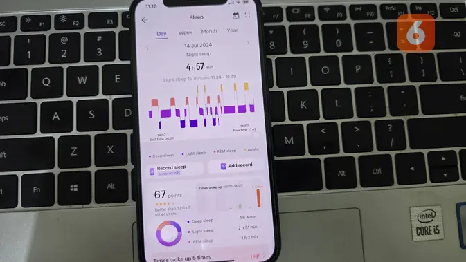 <p>Huawei Watch Fit 3 saat dipakai untuk memantau aktivitas tidur (Liputan6.com/ Agustin Setyo Wardani)</p>