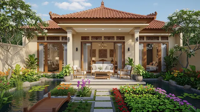 Rumah 6x9 dengan Teras Menghadap Kolam dan Kebun Mini yang Cocok untuk 3-4 Anggota Keluarga