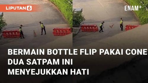 VIDEO: Bermain Bottle Flip Pakai Cone Pembatas Jalan, Aksi Dua Satpam Ini Menyejukkan Hati