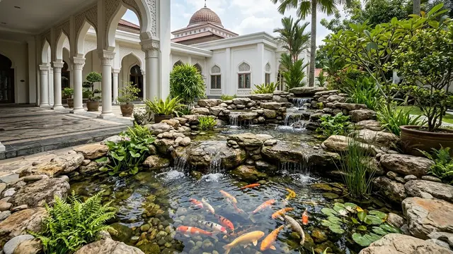 Kolam Ikan dengan Air Mengalir di Teras Masjid (Foto: Gemini AI)
