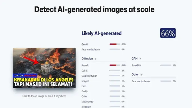 <p>Gambar tangkapan layar penelusuran foto menggunakan situs sightengine.com.</p>