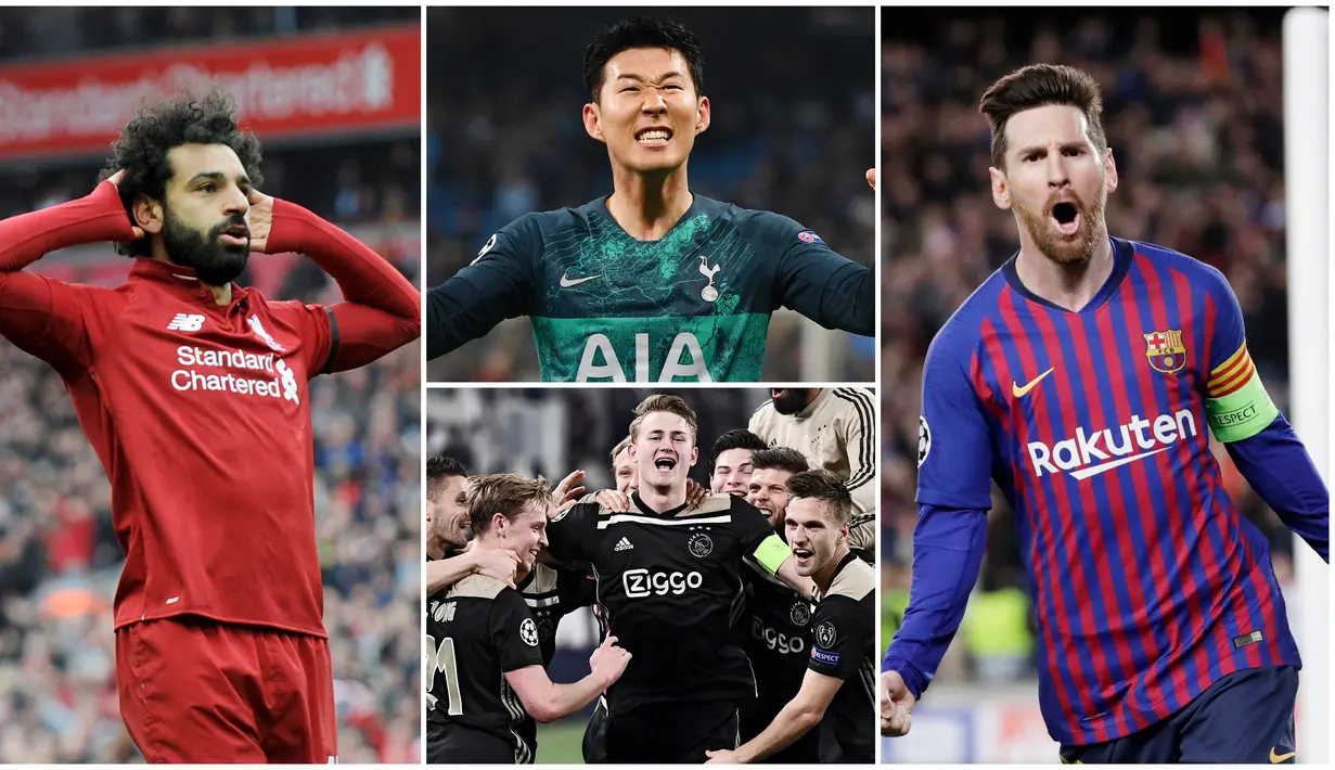 Berikut ini empat pemain yang tampil gemilang di perempat final Liga Champions 2019. Diantaranya, Lionel messi, Son Heung-Min, Mohamed Salah dan Matthijs de Ligt. (Foto-foto Kolase AP dan AFP)