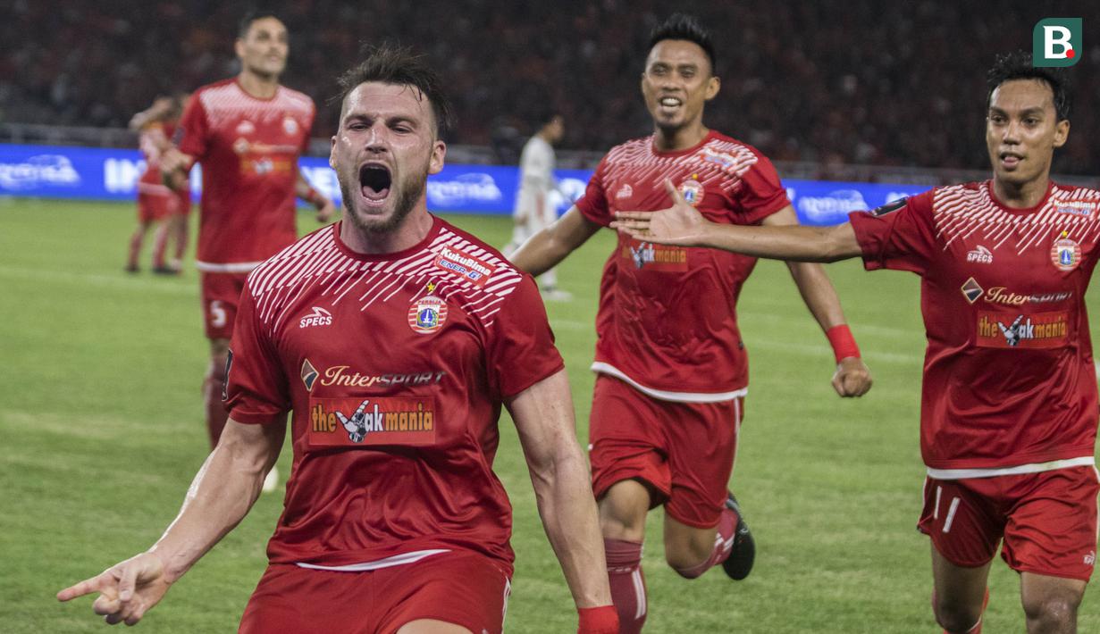 Striker Persija Jakarta, Marko Simic, merayakan gol yang dicetaknya ke gawang Bali United pada final Piala Presiden di SUGBK, Jakarta, Sabtu (17/2/2018). Persija menang 3-0 atas Bali United. (Bola.com/Vitalis Yogi Trisna)