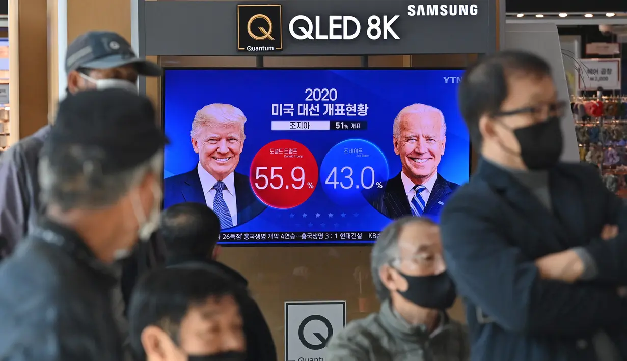 Orang-orang menonton program berita televisi tentang pemilihan presiden (pilpres) AS yang menampilkan gambar Presiden Donald Trump (kiri) dan calon presiden dari Partai Demokrat Joe Biden (kanan), di sebuah stasiun kereta api di Seoul, Korea Selatan pada Rabu (4/11/2020). (Photo by Jung Yeon-je/AFP)