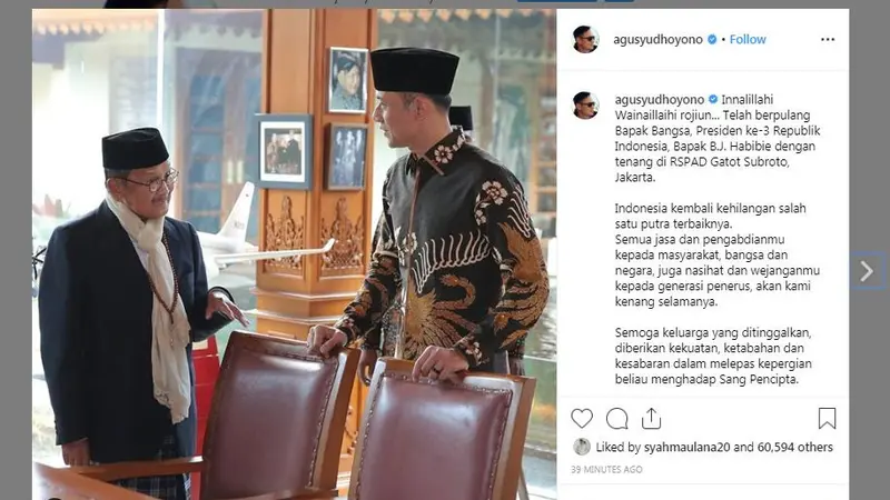 Ucapan duka BJ Habibie meninggal dunia dari putra sulung SBY, Agus Yudhoyono melalui media sosial miliknya.