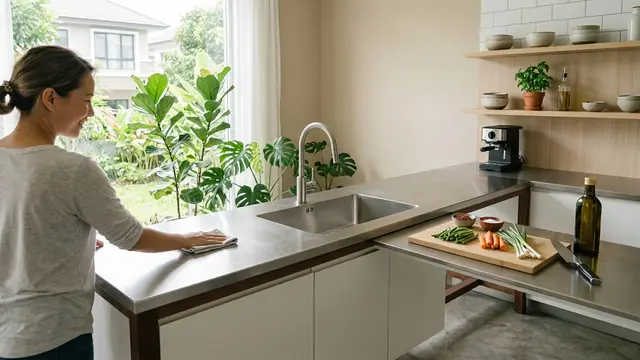 Meja Dapur Stainless Steel untuk Gaya Minimalis Modern (AI Generated)