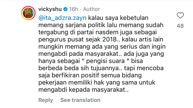 Respon bijak Vicky menanggapi tudingan negatif warganet (Dok. Instagram @vickyshu)