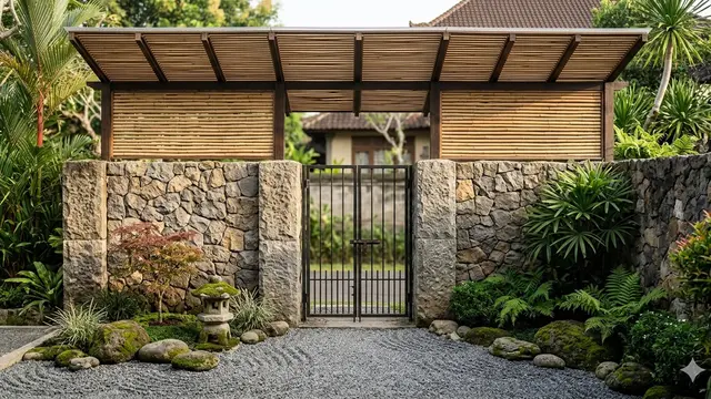 Model Pagar Rumah Rustic dari Bambu dan Batu Alam