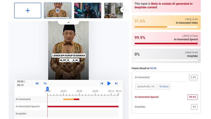 Video klaim Menag Nasaruddin Umar mengumumkan bantuan 40 juta dengan cara melengkapi huruf menunjukkan hasil AI. (Foto: tangkapan layar Hive Moderation)