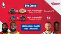Live streaming pertandingan NBA, Rockets vs Lakers dan Warriors kontra Raptors, Senin (11/1/2021) dapat disaksikan melalui platform Vidio. (Dok. Vidio)