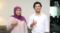 Pasangan cagub-cawagub Jawa Timur, Khofifah Indar Parawansa-Emil Elistyanto Dardak saat berkunjung ke Liputan6.com di SCTV Tower, Jakarta, Kamis (31/1).(Liputan6.com/Angga Yuniar)