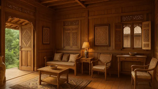 Model Rumah Kampung dengan Interior Kayu/Ilustrasi gambar oleh AI