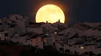 Bulan purnama tampak dari atap sebuah di Olivera, Spanyol Selatan.   Bulan terlihat lebih besar dari biasanya karena pada saat ini bulan   berada pada titik yang terdekat dengan bumi (REUTERS/Jon Nazca)
