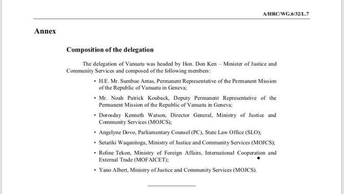Salinan daftar nama delegasi Vanuatu yang terakreditasi resmi oleh Dewan HAM PBB dalam pertemuan UPR di Jenewa pada 25 Januari 2019 (kredit: Watap RI untuk PBB di Jenewa, Duta Besar Hasan Kleib)