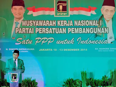 Ketua Umum PPP, Djan Faridz yang terpilih di Muktamar Jakarta saat membuka Mukernas I, Rabu (10/12/2014). (Liputan6.com/Johan Tallo)