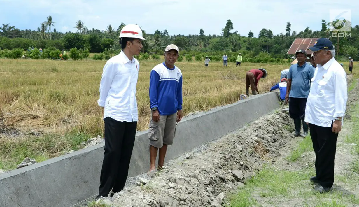 Presiden Joko Widodo berbincang dengan Menteri PUPR Basuki Hadimuljono (kanan) dan pekerja saat meninjua meninjau irigasi di Desa Waimital, Kecamatan Kairatu, Kabupaten Seram Bagian Barat (14/2). (Liputan6.com/Pool/Biro Pers Setpres)