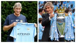 Manuel Pellegrini berhasil membawa Manchester City menjuarai Liga Inggris pada musim perdananya. Momen tersebut terjadi pada musim 2013/2014. Ia berhasil memenangkan perebutan di puncak klasemen melawan Liverpool. The Cityzens memimpin klasemen dengan meraih 89 poin atau terpaut lima angka dari The Reds. (Foto kolase: AFP)