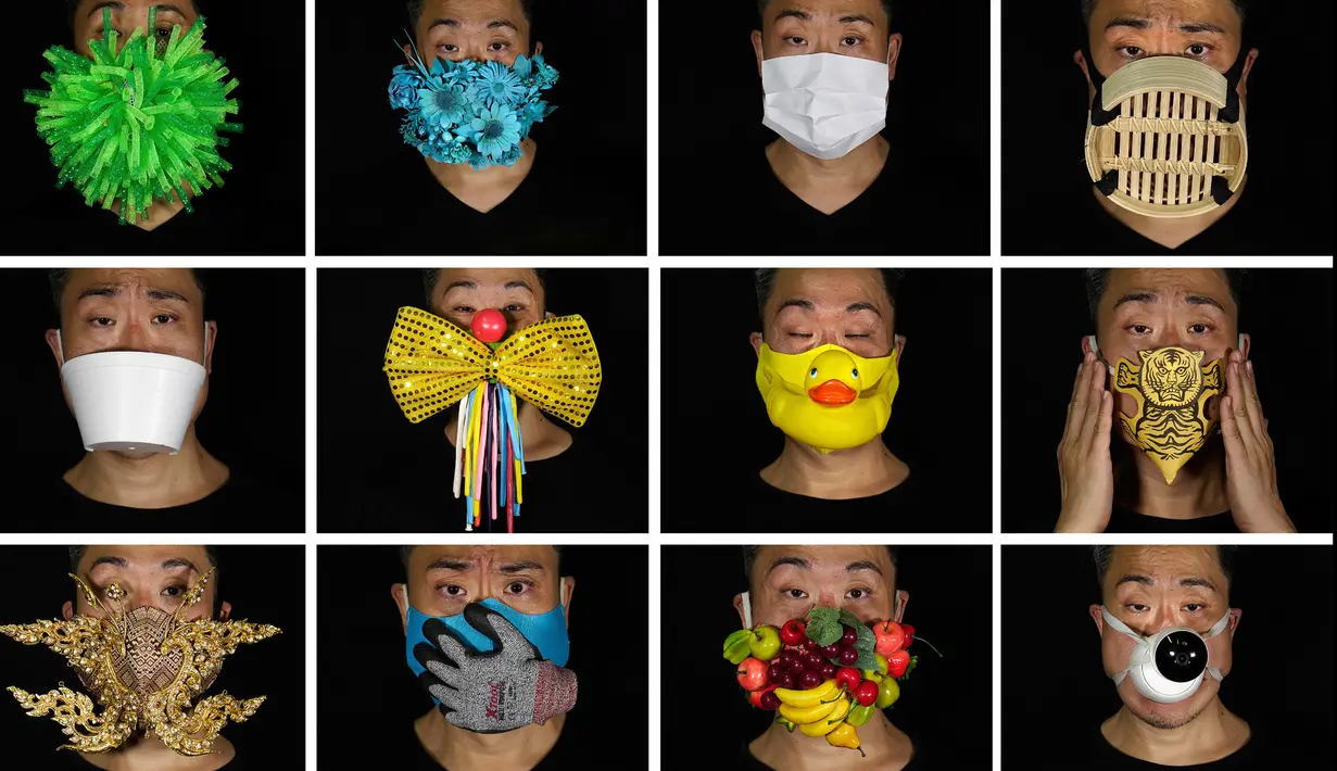 Foto kombinasi memperlihatkan Edmond Kok, seorang desainer kostum teater dan aktor Hong Kong, mengenakan berbagai masker berdesain unik yang dibuatnya untuk melindungi diri dari virus corona di Hong Kong pada 6 Agustus 2020. (AP Photo/Vincent Yu)