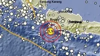 Gempa Magnitudo 5,9 mengguncang wilayah Bayah Banten, Rabu (3/1/2024), pukul 07.53.49 WIB. (Liputan6.com/ Dok BMKG)