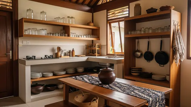 Model Dapur Minimalis di Desa Minimalis Fungsional dengan Rak Terbuka