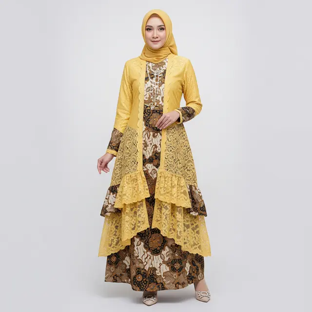 Model Gamis Batik Brokat Soft Yellow Terbaru untuk Ramadan 2026