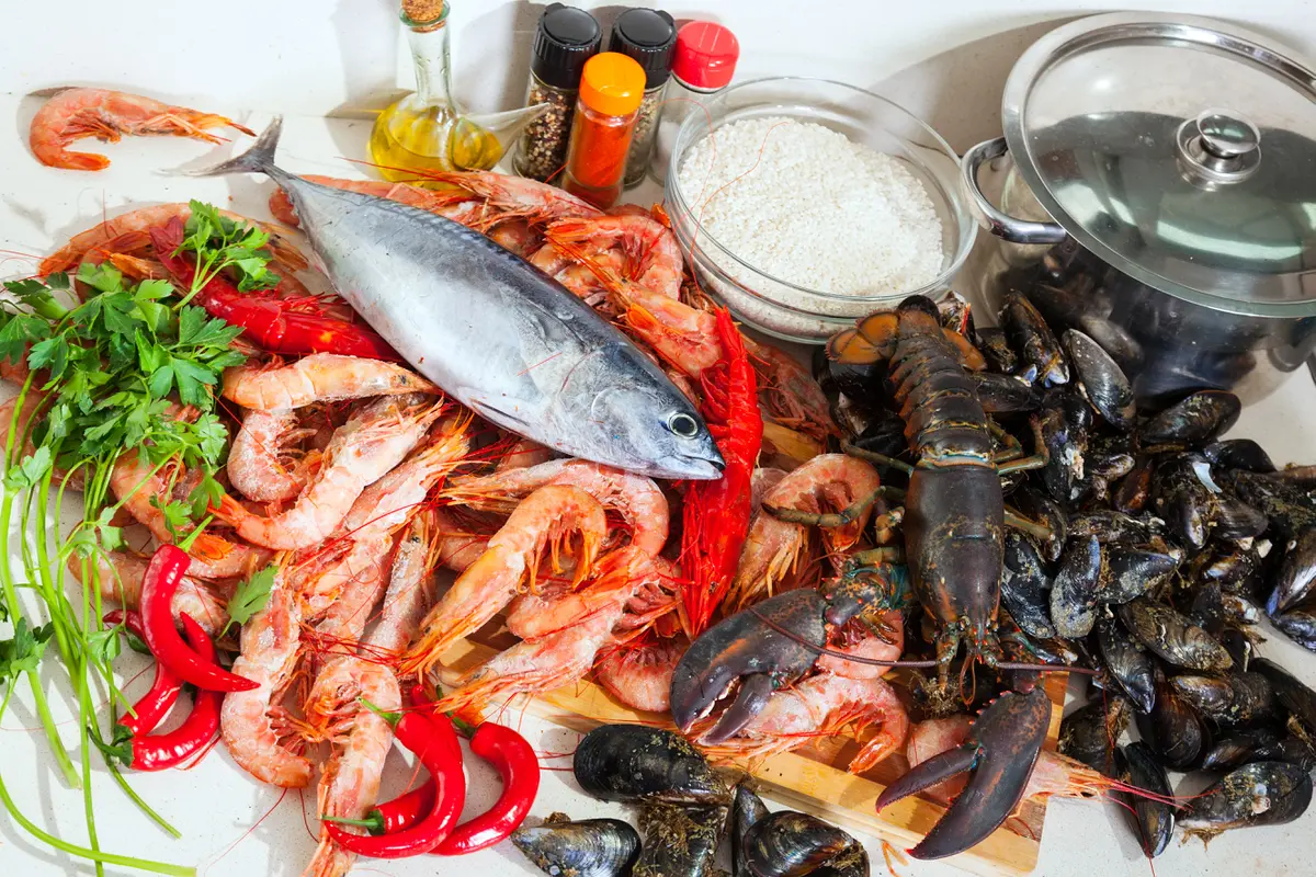 Beberapa jenis seafood segar seperti udang, ikan, lobster, dan kerang (Foto Dok: Freepik/bearfotos)