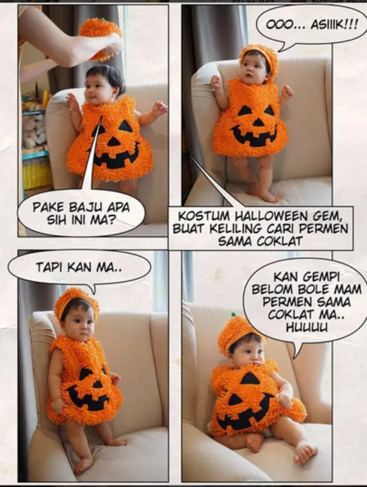 Di foto itu, Gempita terlihat begitu menggemaskan sambil berpose. Matanya berbinar dengan berbagai berpose sambil duduk di sofa. Gempita seolah nyaman mengenakan kostum labunya. (Via Instagram/@Gisel_la)