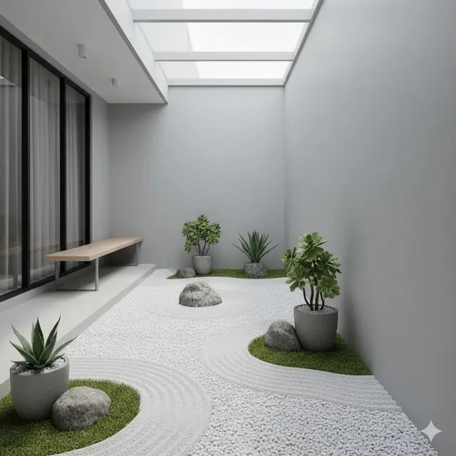 Teras rumah dengan Konsep Zen Garden Kering (Gemini AI)