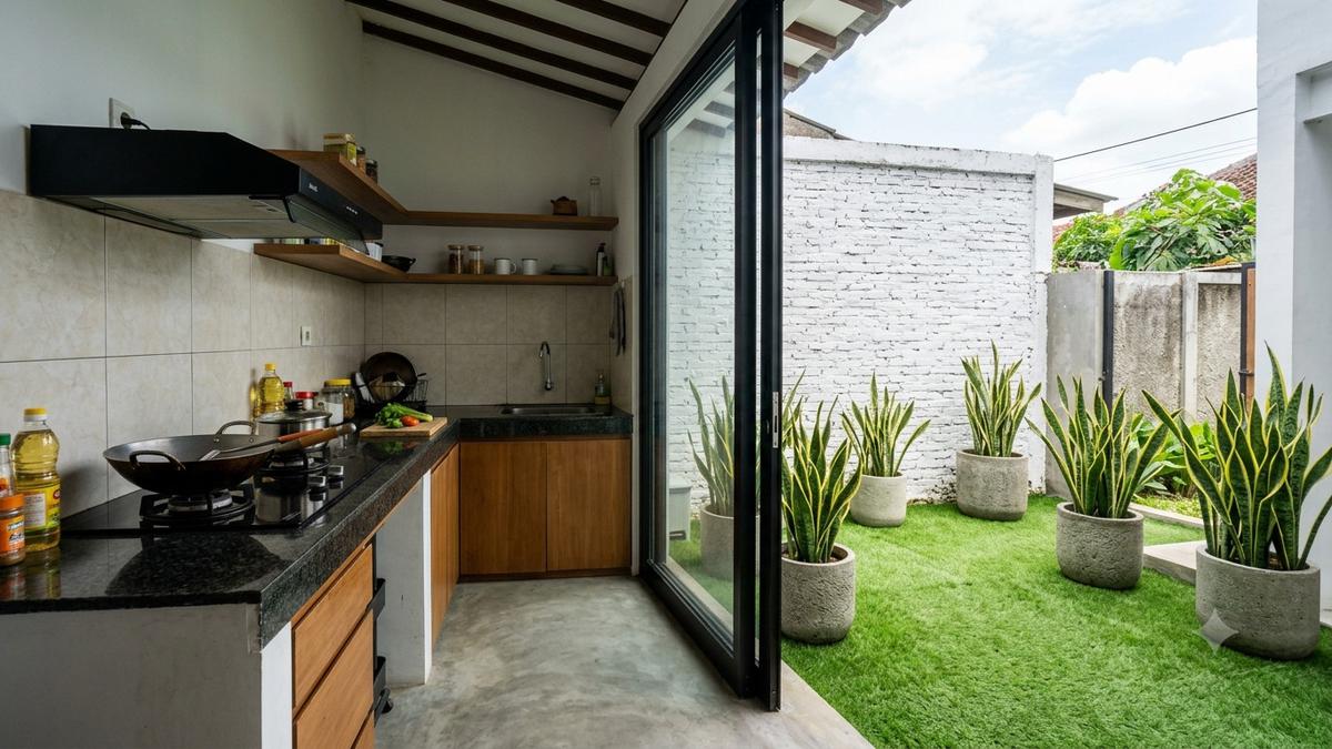 8 Desain Dapur dengan Taman Kering yang Mudah Dirawat, Inspirasi Rumah Tropis Modern