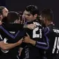 Para pemain Real Madrid merayakan gol ke gawang Leganes pada laga La Liga di Stadion Municipal Butarque, Rabu (5/4/2017). (AFP/Javier Soriano)