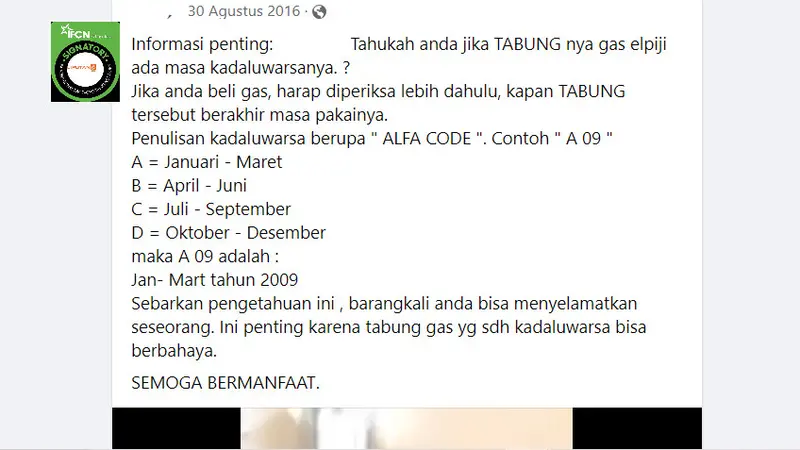 Tangkapan layar  klaim huruf dan angka pada tabung Elpiji kode masa kadaluarsa