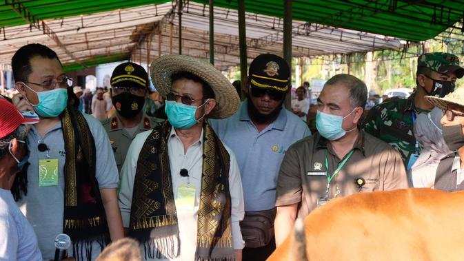 Mentan Syahrul Yasin Limpo melakukan panen 800 ekor pedet (sapi) beserta induknya di Desa Barabali, Kabupaten Lombok Tengah, NTB. (Dok Kementan)