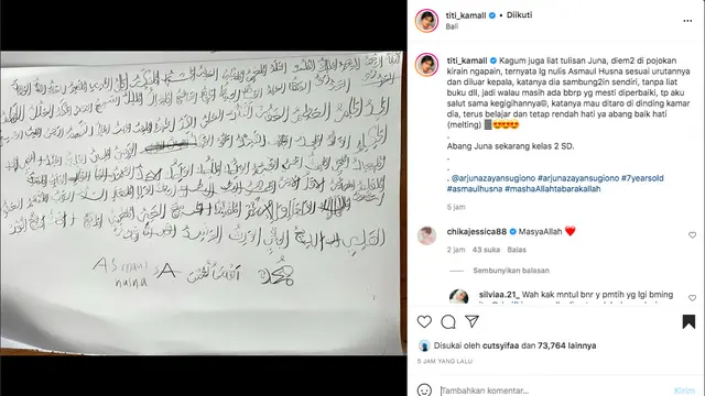 Bikin Kagum, Putra Titi Kamal Mahir Tulis Tangan Asmaul Husna dengan Huruf Arab. (instagram.com/titi_kamall)