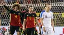 Marouane Fellaini saaat merayakan gol ke gawang Republik Ceko pada  laga persahabatan di King Baudouin stadium, Brussels, (5/6/2017). Belgia menang 2-1. (AP/Geert Vanden Wijngaert)