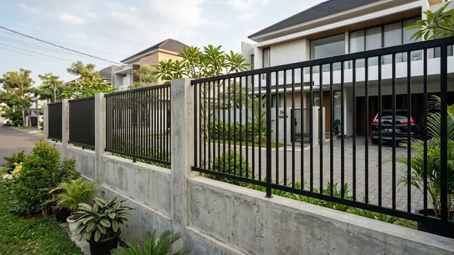 Pagar Besi Vertikal dengan Tembok Minimalis