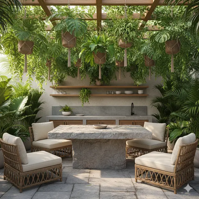 Desain Dapur Sekaligus Ruang Santai Outdoor di Rumah Tropis Sempit. Gemini