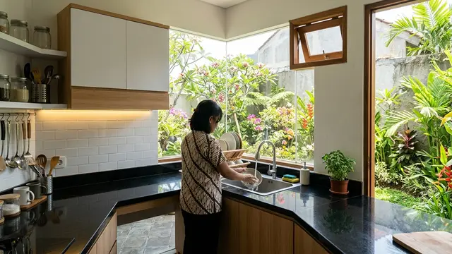 Dapur Mungil Sudut dengan Jendela Sudut Kaca Tanpa Bingkai