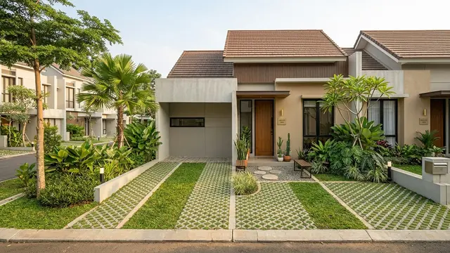 Taman Depan Rumah dengan Paving Rumput Gemini AI