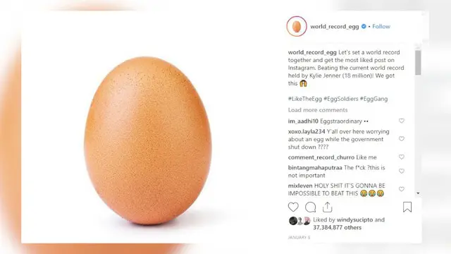 Akun Instagram  bernama @ world_record_egg menghebohkan jagat maya. Unggahan pertamanya berhasil mencetak rekor likes terbanyak dan mengalahkan Kylie Jenner.