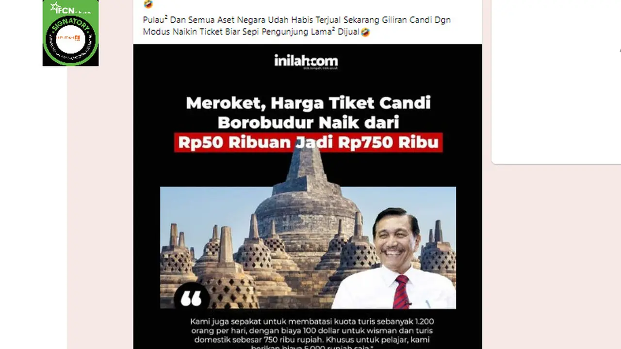 Tangkapan layar klaim kenaikan harga tiket modus untuk menjual Candi Borobudur