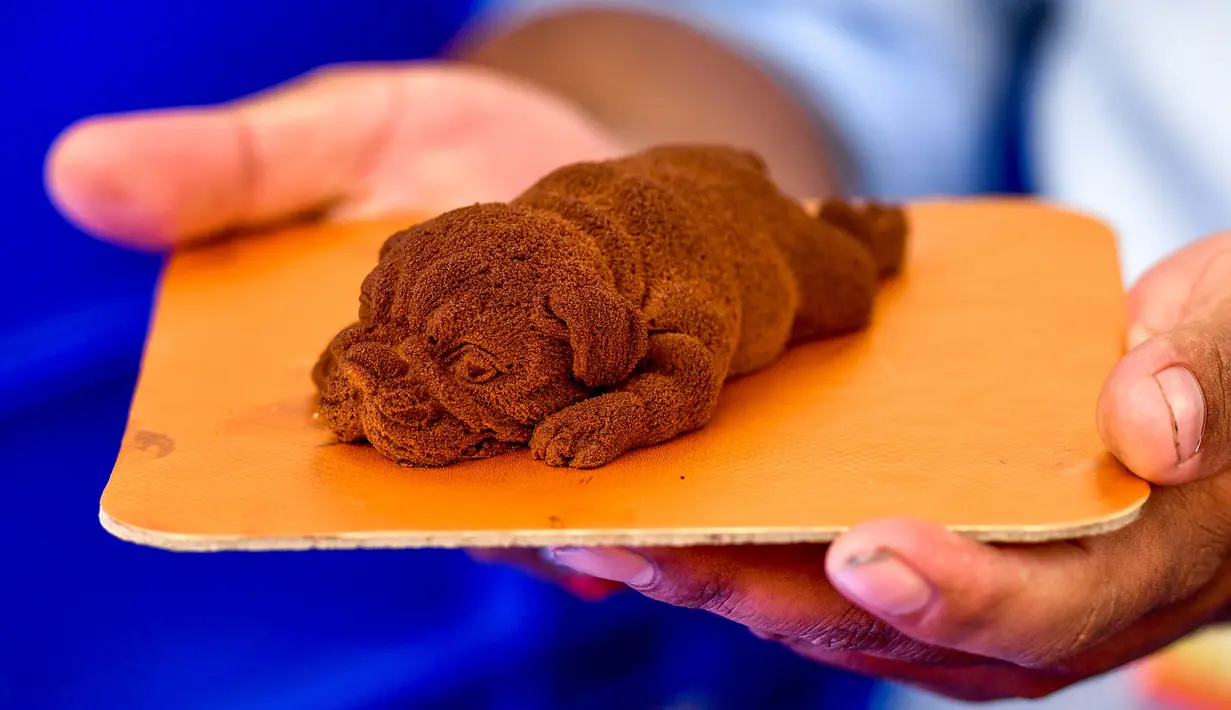 Seorang koki menunjukkan makanan penutup cokelat berbentuk anjing di sebuah kedai kue dalam festival Bengaluru Aaharotsava, Bangalore, India, Jumat (18/10/2019). Bengaluru Aaharotsava adalah sebuah festival makanan vegetarian. (Manjunath Kiran/AFP)