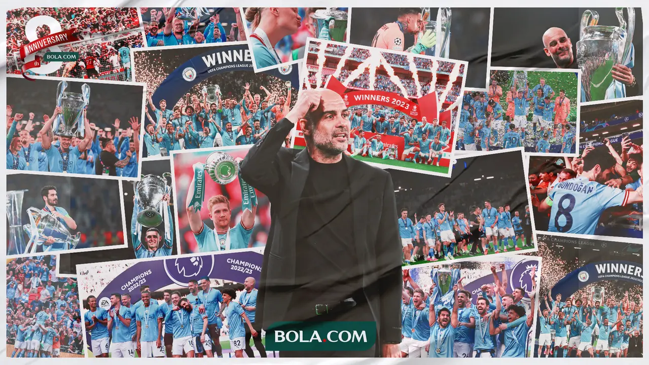 Ilustrasi - Kolase Foto kemenangan Manchester City di Liga Champions, Piala FA dan Premier League
