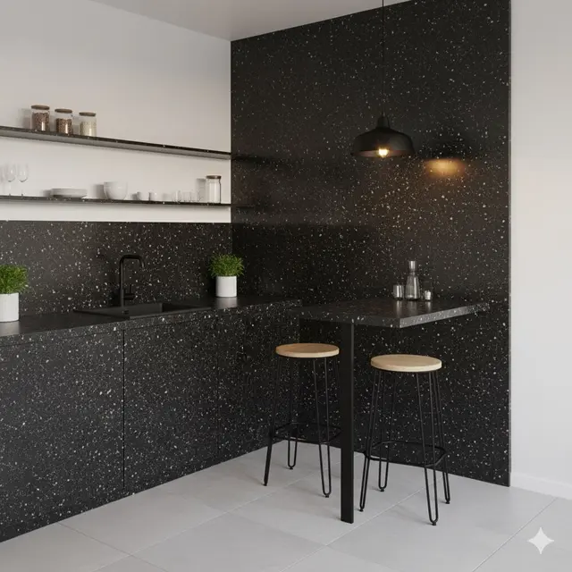 Mini Bar Terintegrasi dengan Dinding Granit Imitasi