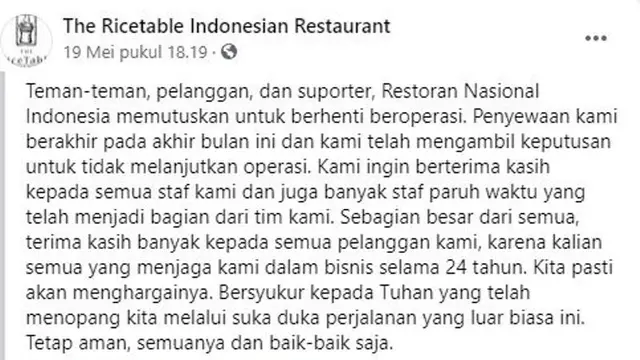 Restoran Indonesia di Singapura Tutup Setelah Buka 24 Tahun
